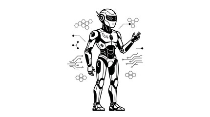 Obraz premium Black and white illustration of a futuristic humanoid robot surrounded by abstract technological and scientific elements, representing artificial intelligence and advanced engineering.