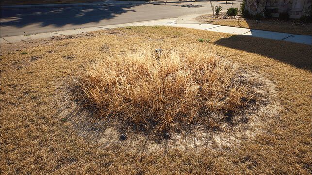 A dried patch of grass in a residential yard, showcasing the effects of drought and lack of water on landscaping.