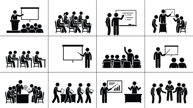 Business training and classroom presentation silhouette icon set featuring seminars workshops teaching and corporate learning activities