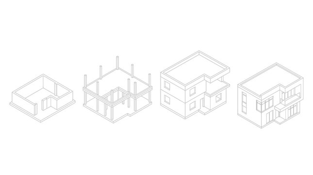 Isometric illustration showing the four stages of a house construction project, from foundation to finished two-story building.