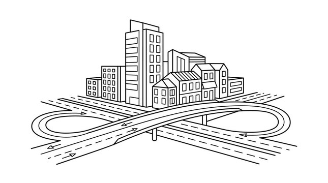 Line art illustration of a modern city skyline with various buildings and a complex highway interchange forming an infinity loop.