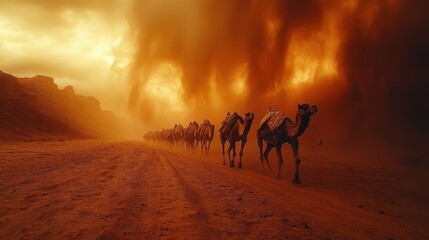 Fototapeta premium Caravan Of Camels Trekking Through A Desert Landscape During A Sandstorm Under A Hazy Orange Sky