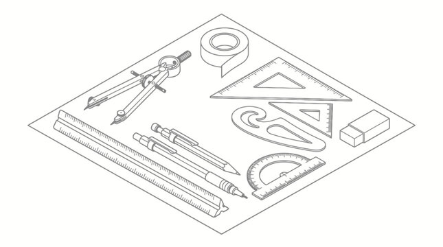 Isometric line art illustration of various drafting and drawing tools including compass, rulers, pencils, protractor, set squares, French curve, eraser, and tape.
