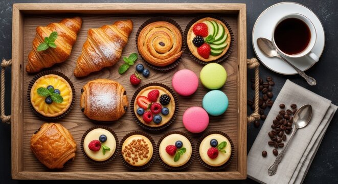Assortment of golden baked pastries and colorful confections displayed on a wooden service tray beside a cup of dark beverage