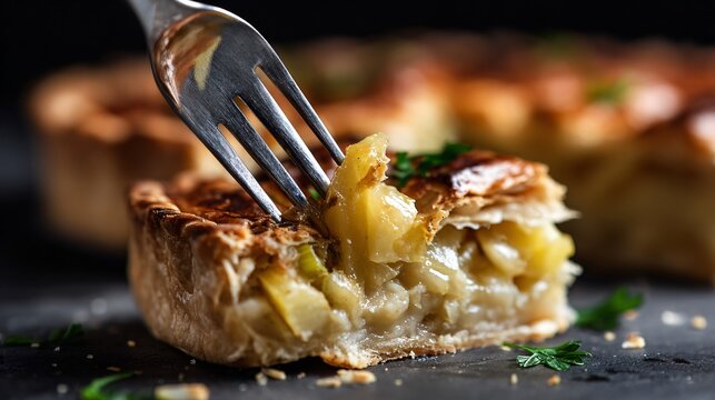 A close up of a fork breaking into a soft potato and leek tart, with flaky pastry layers visible on a dark surface