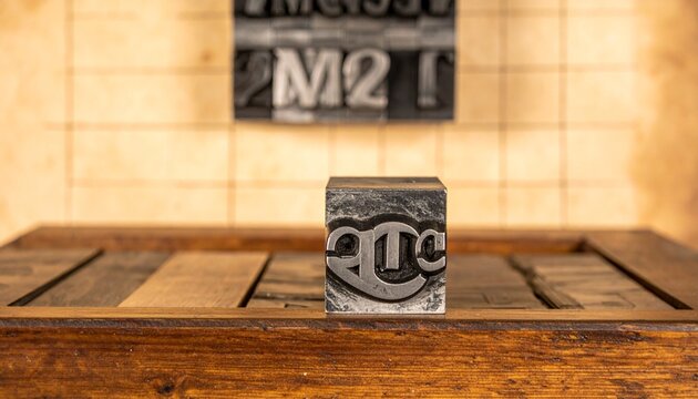 Close-up of vintage metal printing matrix with letter D on wooden surface