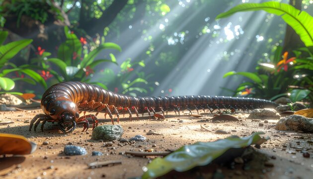 A giant centipede crawling on forest floor with sunlight filtering through trees