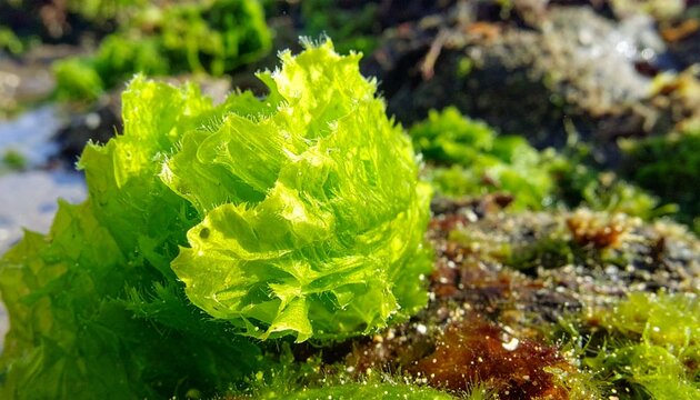 Close-up macro of bright green sea lettuce Ulva intestinalis in intertidal pool