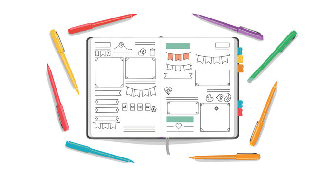 Open bullet journal with creative layouts surrounded by colorful markers on a white background, showcasing artistic design and organization