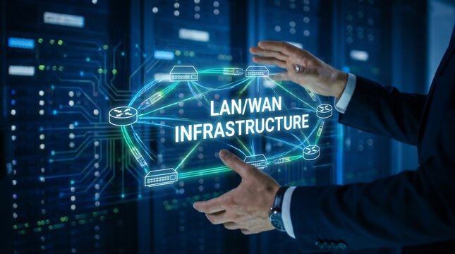 Businessman interacting with a glowing digital network infrastructure visualization.
