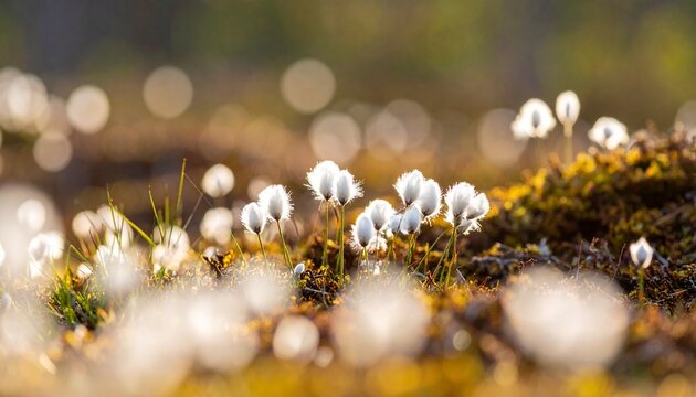 Close-up of white cotton grass tufts on peat hummock in spring bog