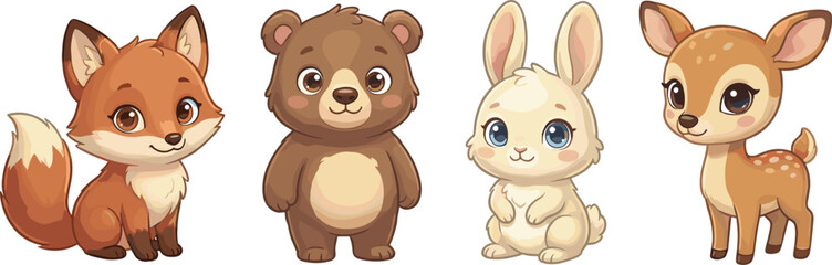Cute woodland animal cartoon collection featuring fox bear rabbit and deer characters for children illustration designs © MOSLEMA