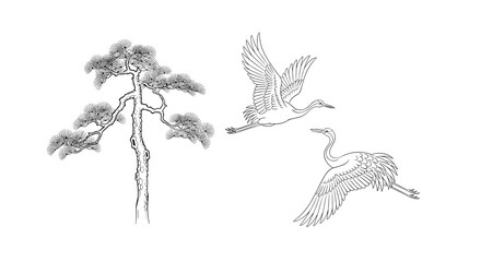 Naklejka premium Elegant Chinese painting depicting two cranes in flight near a solitary pine tree, rendered in delicate grayscale with intricate linework and serene atmosphere