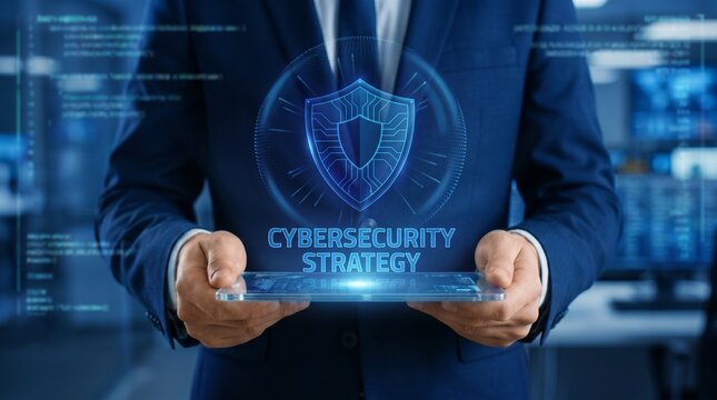 Businessman holding a tablet with a cybersecurity strategy hologram glowing.