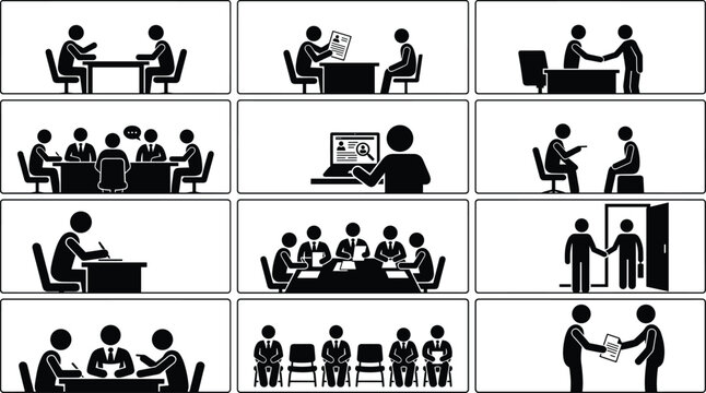 Job interview and business recruitment silhouette icon set featuring hiring meetings communication and candidate selection process