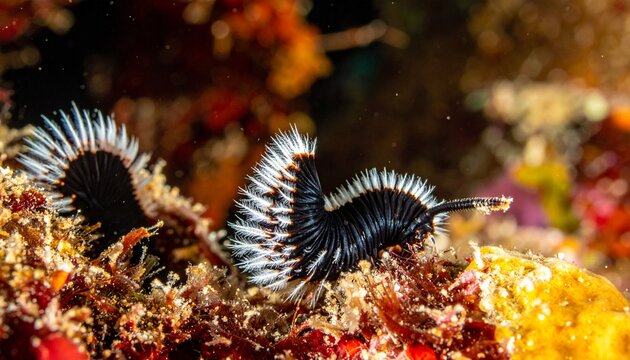 Close-up macro portrait of a fireworm with white bristles on coral reef