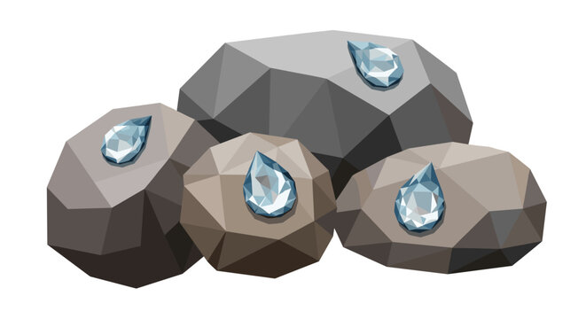Geometric stones adorned with reflective dewdrops in a minimalist illustration, highlighting contrast between angular shapes and smooth water droplets on white background