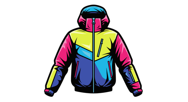 Vibrant ski jacket with a zipped front in neon pink, yellow, and blue, isolated on a white background with bold, colorful design elements