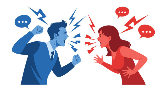 Illustration of a couple yelling at each other with speech bubbles and lightning bolts, in contrasting blue and red colors, on a white background
