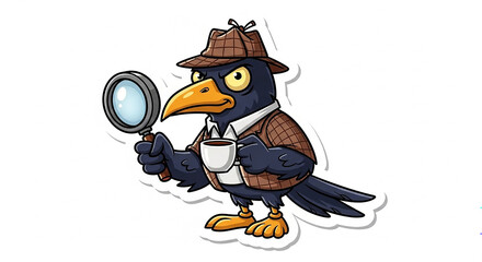 Fototapeta premium Cartoon raven detective holding magnifying glass and coffee with trench coat detective illustration character investigation research searching intelligent enforcement business