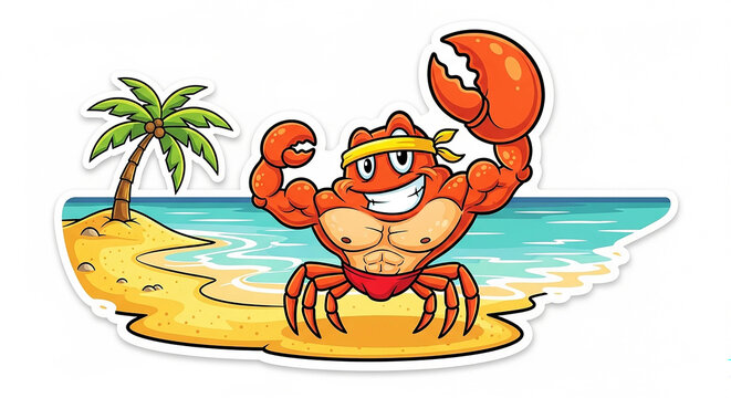 Cartoon muscular crab flexing biceps on a tropical beach with palm tree funny animal marine life muscular bodybuilder tropical vacation strength illustration character training