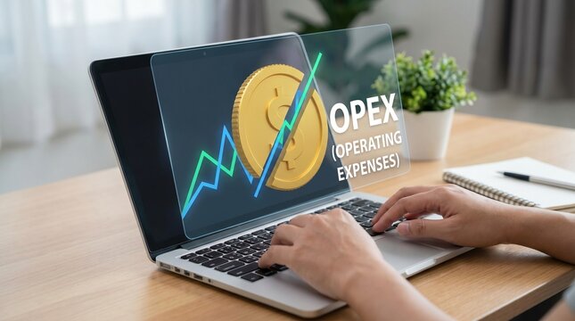 Person using laptop showing cryptocurrency OPEX chart with growing graph and plant on desk.
