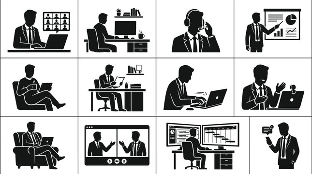 Remote work and online business communication silhouette icon set featuring virtual meetings customer support and presentations
