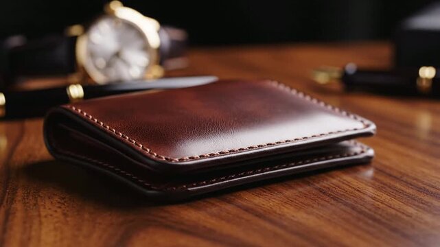 Brown leather wallet on wooden table.