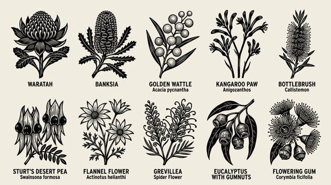 Australian native flora collection in linocut woodblock style, black ink on cream background