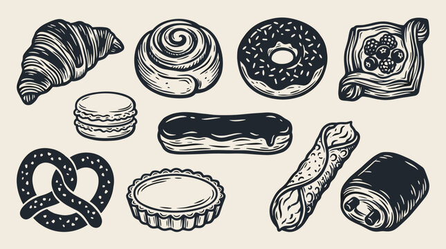 Linocut illustration set of ten pastry element, croissant, donut, and bread icon isolated on cream background