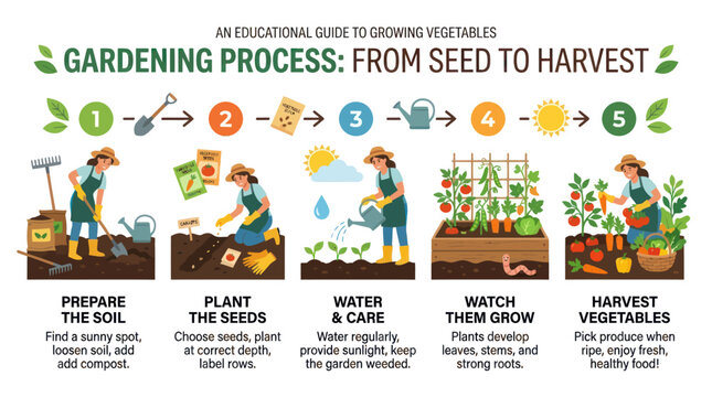 Gardening Process: Seed to Harvest - Step-by-Step Illustration