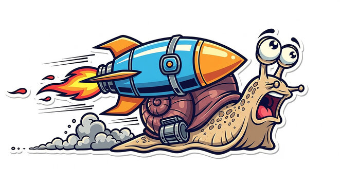 Cartoon snail with a rocket attached to its shell moving fast with a surprised expression surprise contrast creature gastropod transportation propulsion accelerate energetic