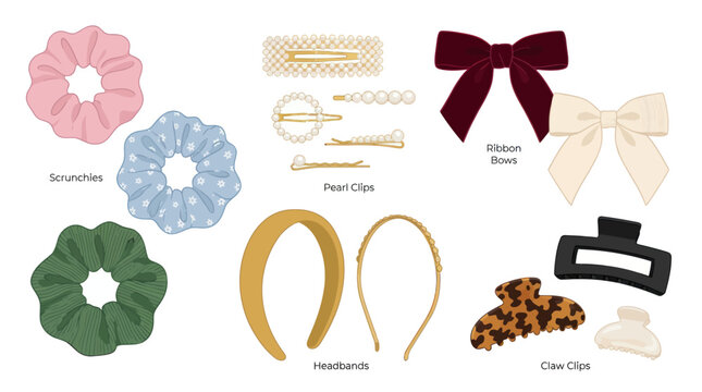 Collection of hair accessories: scrunchies, barrettes, headbands, bows, and claw clips