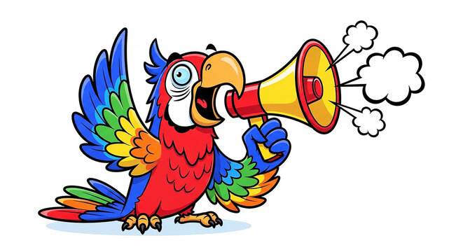 Cartoon parrot shouting into a megaphone with colorful feathers and a surprised expression attention seeking parrot bird talking bird tropical bird exotic bird sound system megaphone