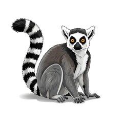 Obraz premium Cute cartoon lemur sitting on white background, black and white illustration
