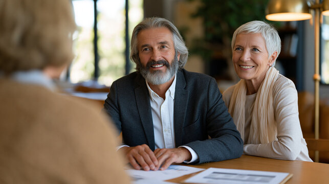 Retired couple with a financial planner reviewing a portfolio rebalancing chart at a living room table, documents and a printed retirement timeline visible, warm natural light, generational wealth a
