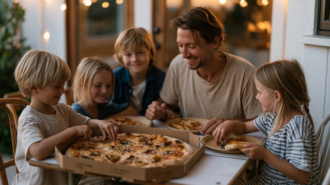 Foster family of five sharing pizza delivery meal at folded out card table, mismatched chairs, kids arguing over toppings, foster parents laughing, chaotic and loving normalcy of blended household, 
