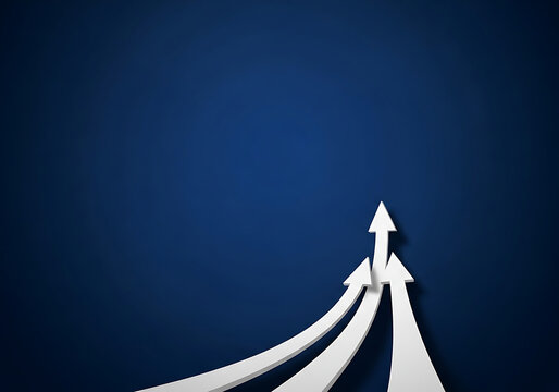 Three white arrows converging and pointing upward against a dark blue background with direction strategy progress business leadership marketing planning development competition corporate