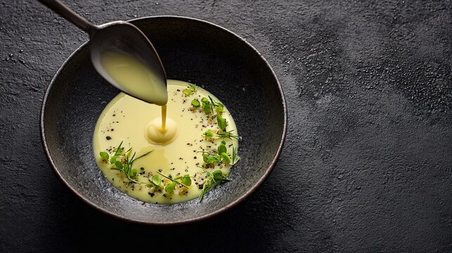 A minimalist fine dining presentation of leek and potato veloute poured into a shallow plate on a solid charcoal background, with precise plating and modern styling