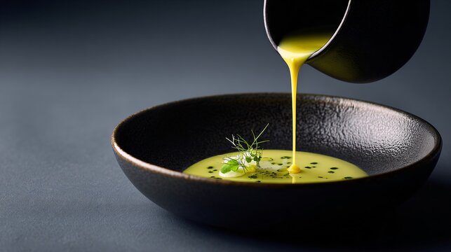 A minimalist fine dining presentation of leek and potato veloute poured into a shallow plate on a solid charcoal background, with precise plating and modern styling
