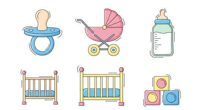 Baby items collection including stroller cribs and bottle.