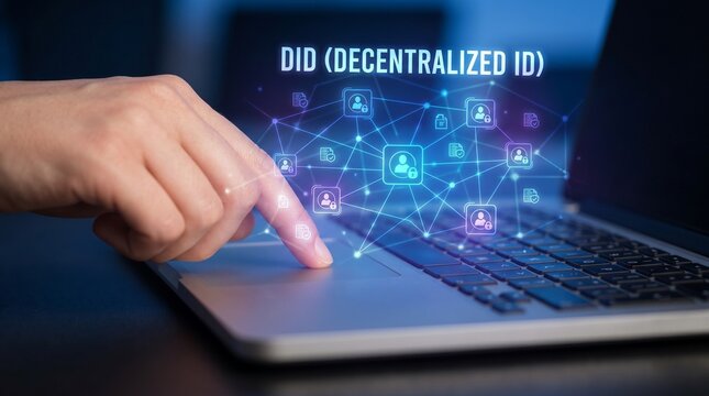 Decentralized ID concept with a hand interacting with a digital network on a laptop.