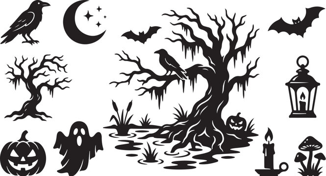Halloween symbols and objects in black silhouette style