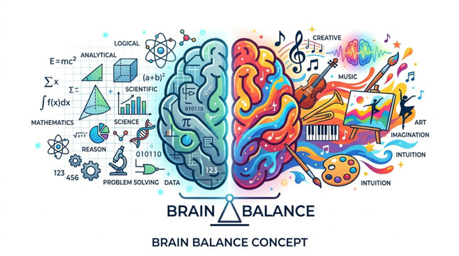 Creative versus analytical brain concept with symbols.