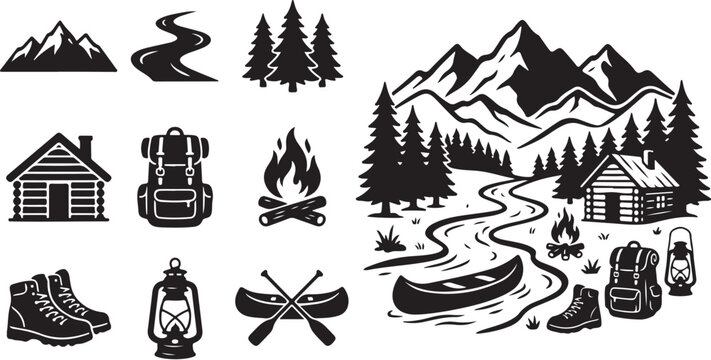 Camping and hiking icons in black and white