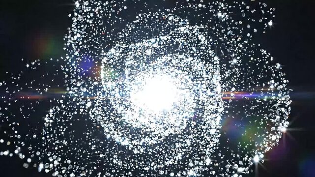 A bright light explodes in a swirling vortex of particles and beams.
