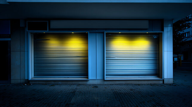 A striking image of closed shop shutters illuminated by warm lights, capturing the essence of urban nighttime scenes.