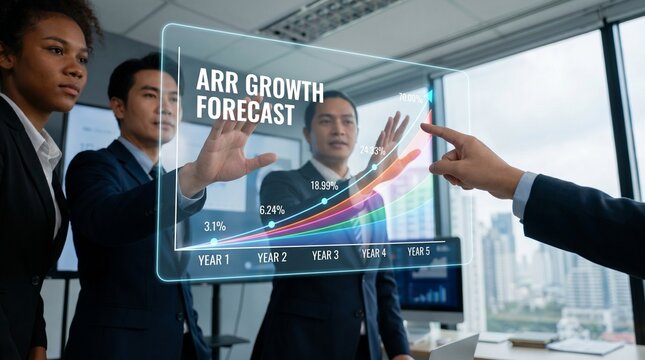 Diverse business team analyzing ARR growth forecast on futuristic holographic display in modern office.