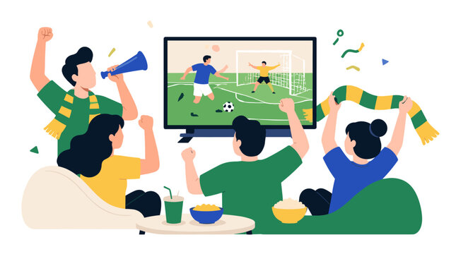Group of Fans Cheering at Home Watching Soccer on Television.