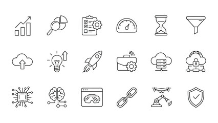 Fototapeta premium Set of fifteen minimalist digital technology and business process icons featuring cloud computing data management and artificial intelligence line art elements isolated on a clean white background